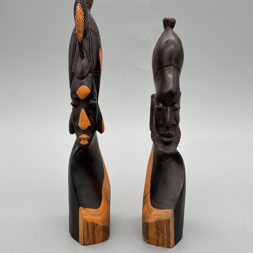 Vintage Hand Carved African Wooden Figurines Pair Tribal Bust Sculptures Wood - Picture 2 of 8
